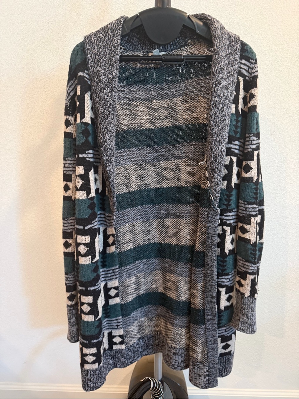 Ecote Hooded Open-Front Knit Cardigan in Teal and Gray